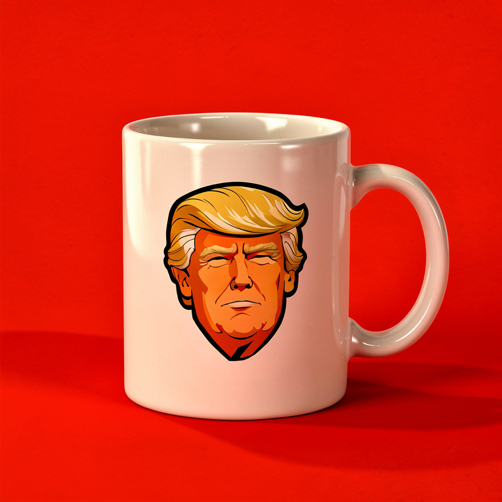 a plain ceramic souvenir mug with a bold cartoon caricature printed on the front